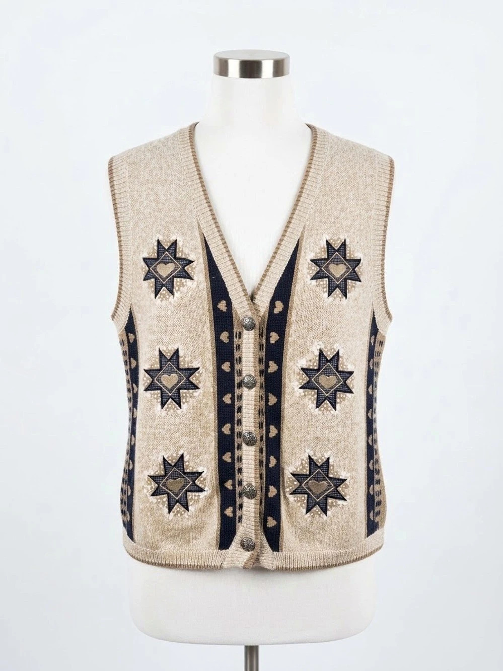 Christopher & Banks Hand Embroidered Star and Heart Sweater Vest Beige & Black